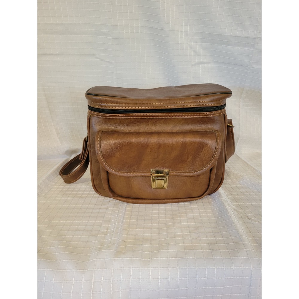 Vintage Brown Faux Leather Camera Bag Crossbody Travel Case Gold Hardware